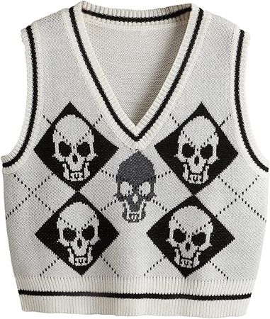 SweatyRocks Women's Sleeveless V Neck Knit Sweater Vest Skull Print Crop Tank Top