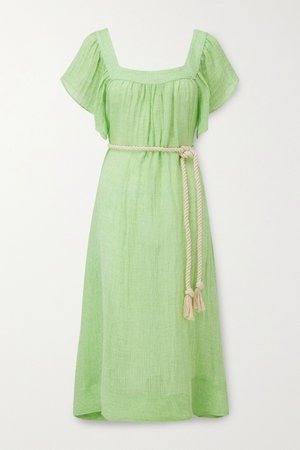 Bright green Muu Muu belted linen-blend gauze midi dress | Lisa Marie Fernandez | NET-A-PORTER