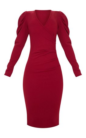 Burgundy Pleated Wrap Long Sleeve Midi Dress | PrettyLittleThing USA