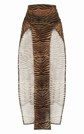 brown zebra print double side split maxi skirt