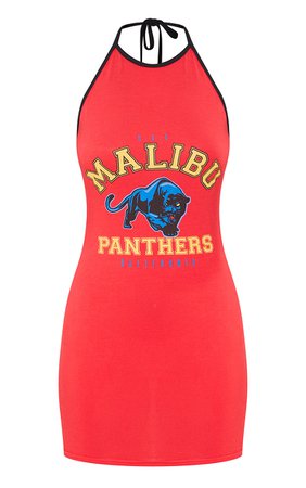 Red Malibu Slogan 90S Halterneck Bodycon Dress | PrettyLittleThing USA