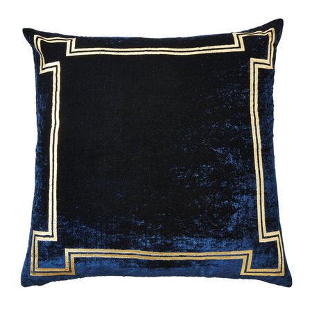 Aria Blue Silk Velvet Pillow With Gold Foil Accents | Chairish