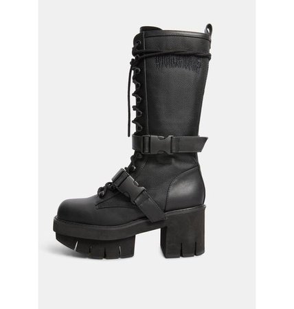 Darker Wavs Unisex Leather Strap Combat Boots - Black | Dolls Kill