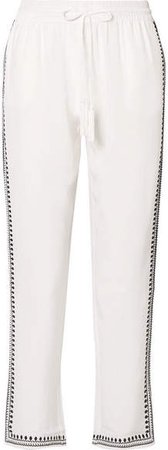 Marie France Van Damme - Embroidered Silk Crepe De Chine Straight-leg Pants - White
