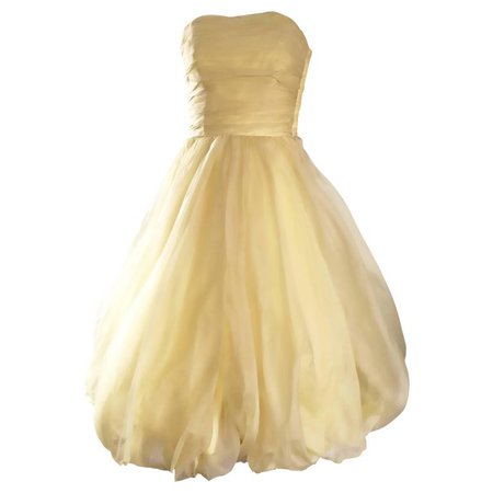 Vintage 1950s Lemon Pale Yellow Demi Couture Strapless Silk 50s Bubble Dress For Sale at 1stdibs
