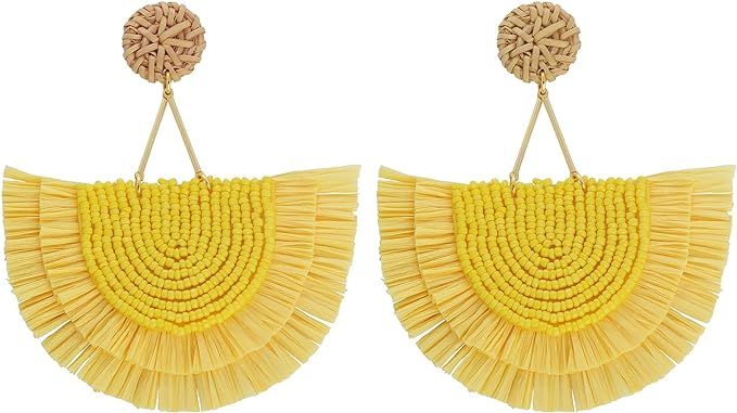Amazon.com: COIRIS Bohemia Beaded Fringe Statement Earrings with Long Dangling Tassel Raffia Earrings for Women(ER1183-Green Big) : Clothing, Shoes & Jewelry