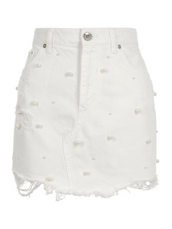 White Denim Pearled Skirt