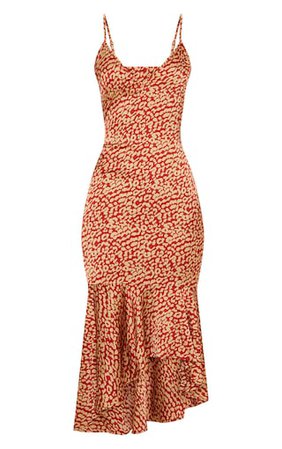 Red Leopard Print Frill Hem Midi Dress | PrettyLittleThing USA
