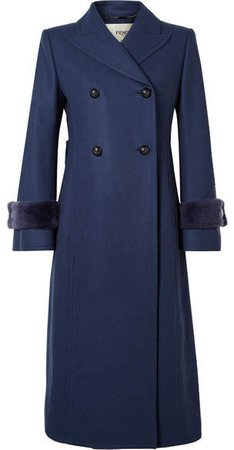 Faux Fur-trimmed Wool-blend Coat - Blue
