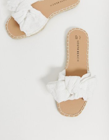 South Beach Exclusive white broderie anglaise square toe espadrille slides | ASOS