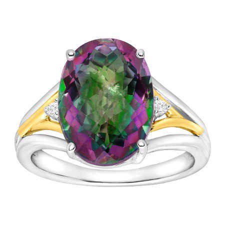 7 1/4 ct Natural Green Mystic Topaz Ring with Diamonds in Sterling Silver & 14K Gold | 7 1/4 ct Green Mystic Topaz Ring with Diamonds | Jewelry.com