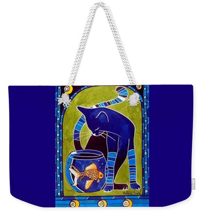 Blue Cat with Goldfish Weekender Tote Bag by Dora Hathazi Mendes - Dora Hathazi Mendes - Website