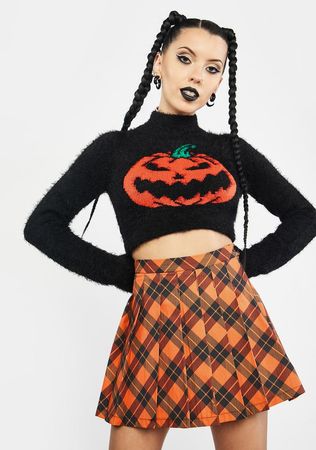 Halloween Pleated Plaid Mini Skirt Orange Black – Dolls Kill