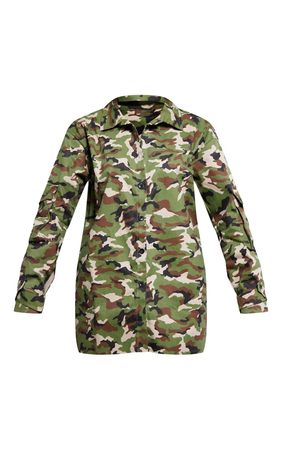 Sage Khaki Camouflage Woven Cuff Shirt Dress | PrettyLittleThing USA