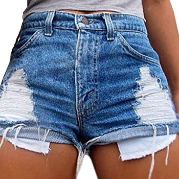 Sexyshine Women's High Waist Distressed Casual Cut Off Ripped Jeans Denim Shorts Blue, L at Amazon Women’s Clothing store
