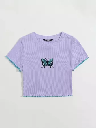 Contrast Stitch Rib-knit Butterfly Embroidery Crop Top | SHEIN USA