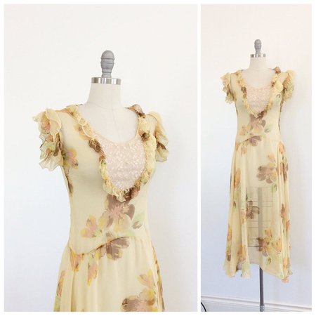 20s Yellow Floral Print Chiffon Dress / 1920s Vintage Sheer | Etsy