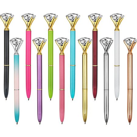 Bememo 12 Pieces Big Diamond Pen Rhinestones Crystal Metal Ballpoint Pens Black Ink (12 Different Colors)