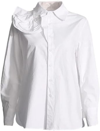 Women Casual Solid Color Floral Shirt Spring Turn-Down Collar Shirt Button Down Blouse Top White One Size at Amazon Women’s Clothing store