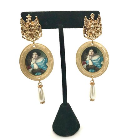 Victorian Revival Long Dangle Earrings Gold Tone Heraldic | Etsy