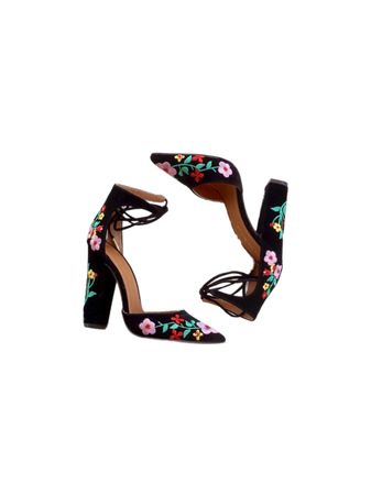 black embroidered floral heels shoes