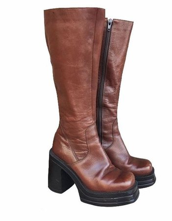 *clipped by @luci-her*  Knee High Brown Leather Chunky Heel Goth Boot