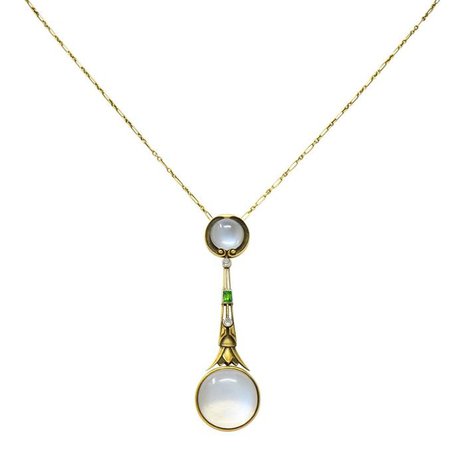Brassler & Co. Art Nouveau Moonstone Demantoid Garnet Diamond 14 Karat Gold Drop Necklace | Wilson's Estate Jewelry