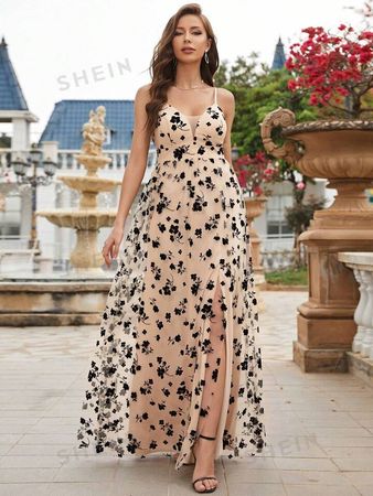 Floral Print Split Thigh Mesh Cami Dress | SHEIN