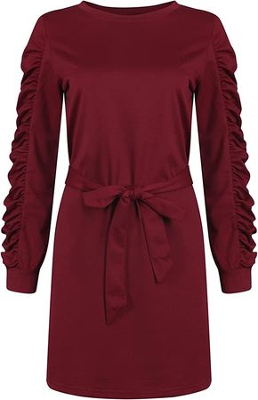Amazon.com: FOVIGUO Ladies Basic Crewneck Belted Office Dress with Chest Pocket Solid Color Long Sleeve Party Slim Dress Wine : Clothing, Shoes & Jewelry