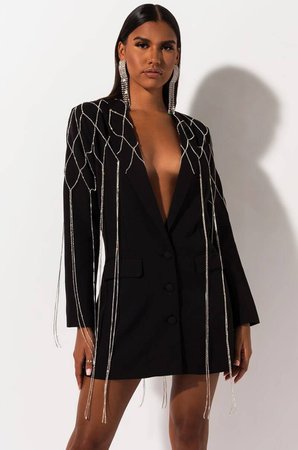 AKIRA Label Long Sleeve Rhinestone Fringe Mini Blazer Dress in Black, Brown