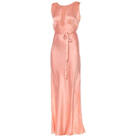 1930S Blush Pink Haute Couture Silk Charmeuse Bias Cut Negligee With Handmade L For Sale at 1stDibs | peach negligee, 1930s negligee, silk negligee gown