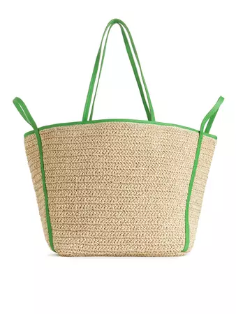 Leather Detailed Straw Tote - Beige/Green - ARKET GB