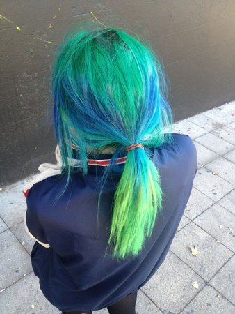 blue light sea tea green hair ponytail