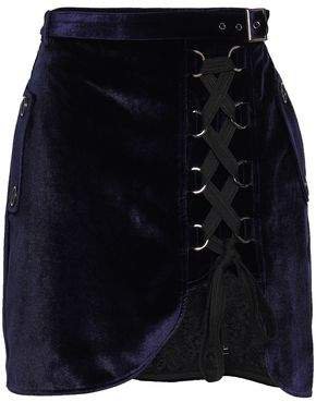 Self Portrait Lace-paneled Lace-up Velvet Mini Skirt