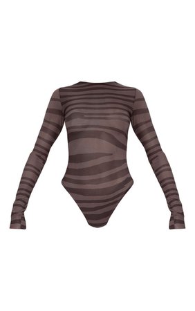 Brown Printed Mesh Long Sleeve Bodysuit | PrettyLittleThing USA