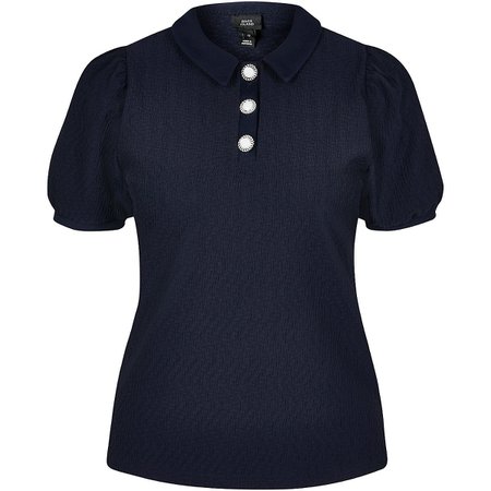 Navy textured puff sleeve collar t-shirt | River Island