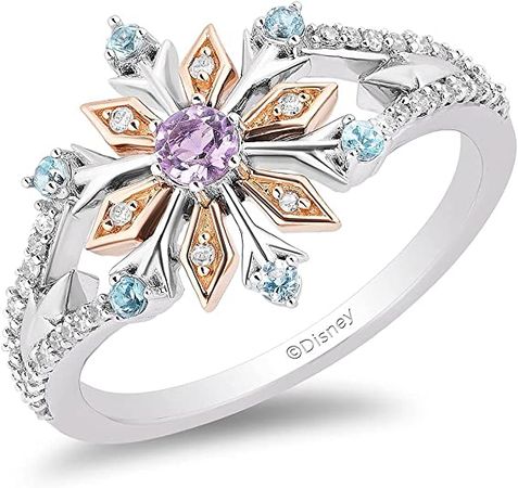 Amazon.com: Enchanted Disney Fine Jewelry Elsa Snowflake Ring in 14K Rose Gold Over Sterling Silver with Diamonds, Sky Blue Topaz and Rose de France: Clothing, Shoes & Jewelry