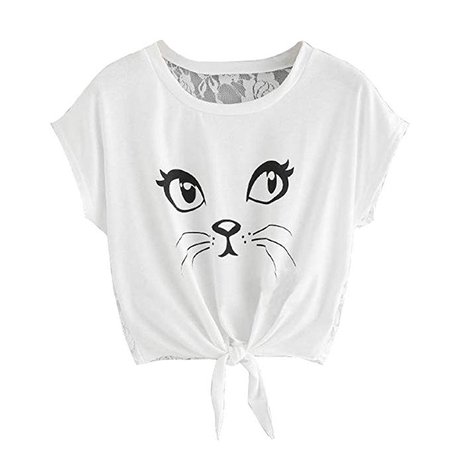 Amazon.com: Anxinke Women Cute Cat Printed Short Sleeve Lace White T Shirts Crop Tops: Clothing