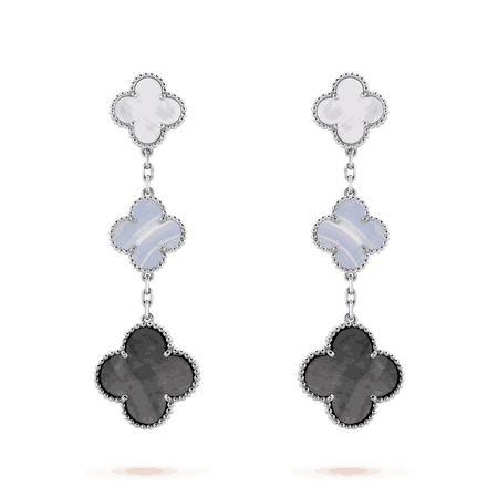 Magic Alhambra earrings, 3 motifs White gold, Chalcedony, Mother-of-pearl - Van Cleef & Arpels