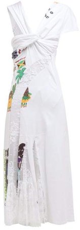 Floral Lace Panel Cotton Jersey T Shirt Midi Dress - Womens - White Multi