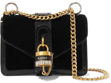 Aby Chain Mini Patent Leather-trimmed Velvet Shoulder Bag - Black
