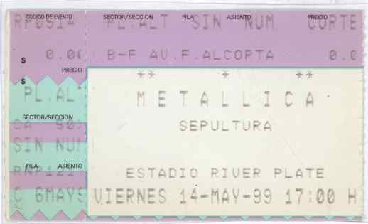 Metallica Marilyn Manson Sepultura 5/14/99 Buenos Aires Argentina Ticket Stub! - Concert Memorabilia