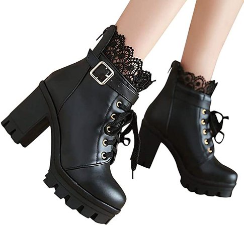 Amazon.com: Hbeylia Women's Platform Combat Boots Fashion Lace Leather Chunky Pump Ankle Booties Leather Goth Anti Slip Lace Up High Heels Riding Short Boots for Women Bride Wedding Halloween Cosplay Party : Sports & Outdoors