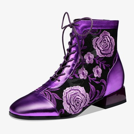 Designer Women Flat Toe Flowers Embroidered Splicing Mesh Block Heel Short Boots - NewChic