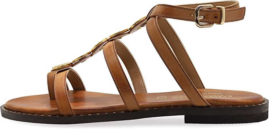 Amazon.com | Size 9 Dark brown Emmanuela Comfortable Leather Flat Sandals with metal elements, Quality Ankle Strap Dressy Sandals, Ring Toe Strappy Sandals, Boho Chic Wedding | Flats