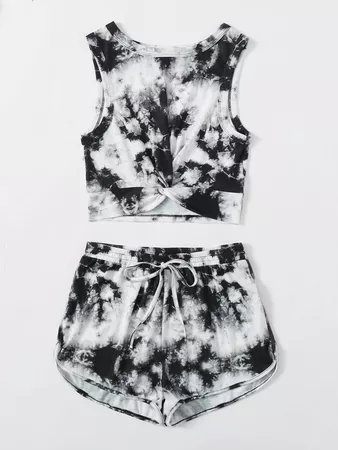 Twist Hem Tie Dye Tank Top & Shorts Set | SHEIN USA grey