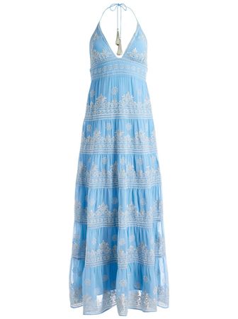 Karolina Embroidered Halter Neck Maxi Dress In Oxford Blue/silver | Alice And Olivia