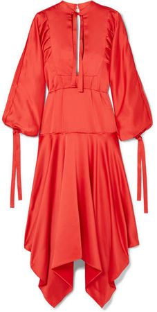 Tie-detailed Asymmetric Satin Midi Dress - Red