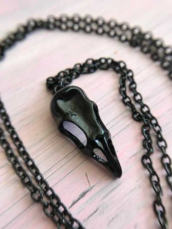 Crow skull necklace black pendant gypsy witch jewelry magic