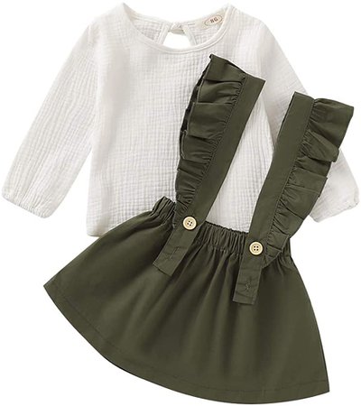 Amazon.com: Kids Toddler Baby Girls Skirt Sets Long Sleeve Top + Ruffle Strap Suspender Dress Outfits Clothes (Green, 90(2-3T)): Clothing
